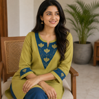 Anvita Olive Green Aline Cotton Kurta with Applique Embroidery