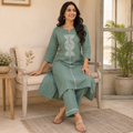 Anvita Sage Green Cotton Kurta Pant Set with Geometric Embroidery & Sequin Detailed Yoke