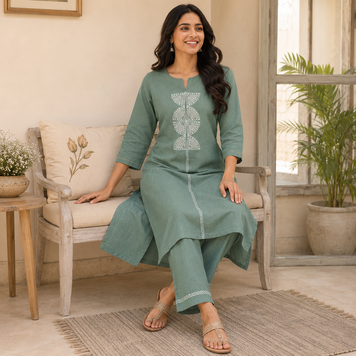 Anvita Sage Green Cotton Kurta Pant Set with Geometric Embroidery & Sequin Detailed Yoke