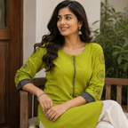 Anvita Lime Green Straight Kurta with Contrast Sleeves and Front Stripe Design