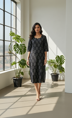 Black Cotton Ethnic Print Straight Kurta - Breathable 3/4 Sleeve Tunic