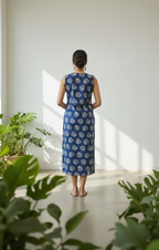 Indigo Blue Cotton Floral Midi Dress with V-Neck & Separate Sleeves