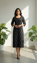 Black Cotton Ethnic Print Straight Kurta - Breathable 3/4 Sleeve Tunic