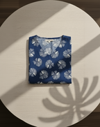 Indigo Blue Cotton Floral Midi Dress with V-Neck & Separate Sleeves