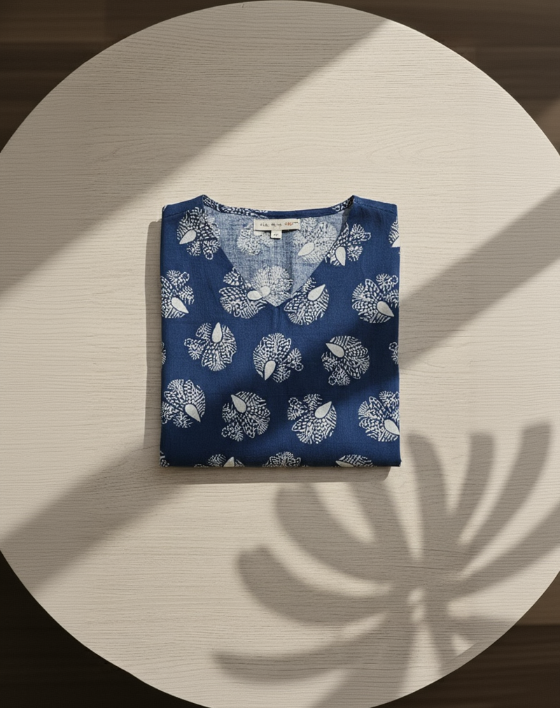 Indigo Blue Cotton Floral Midi Dress with V-Neck & Separate Sleeves