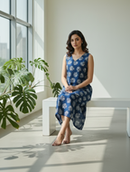 Indigo Blue Cotton Floral Midi Dress with V-Neck & Separate Sleeves