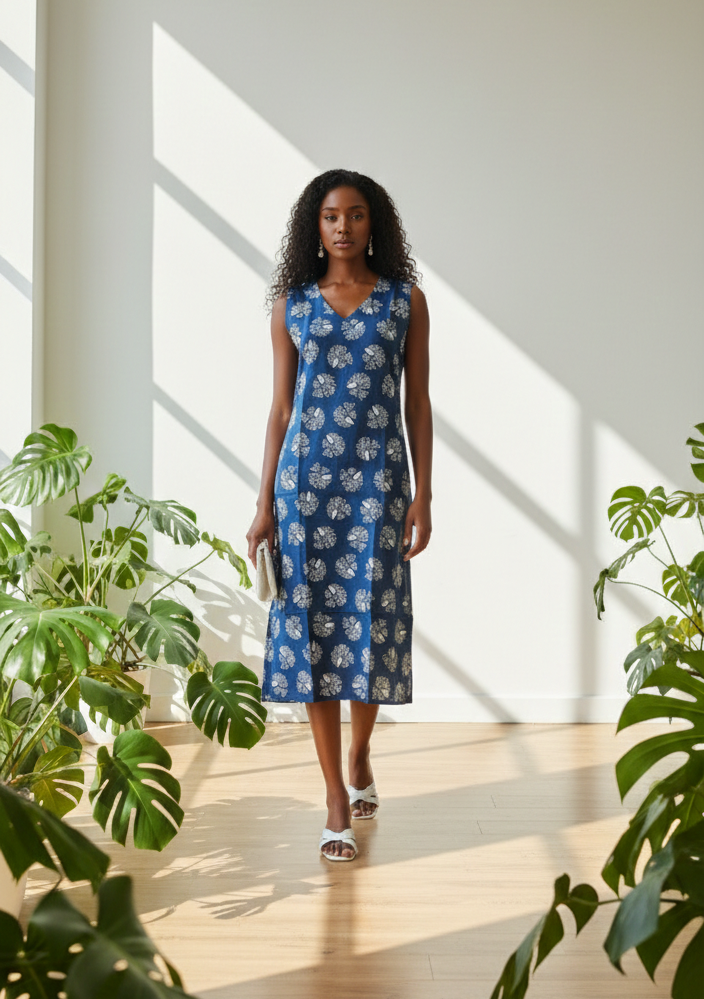Indigo Blue Cotton Floral Midi Dress with V-Neck & Separate Sleeves