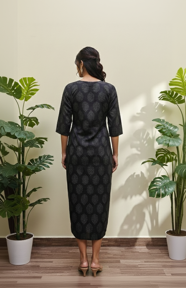 Black Cotton Ethnic Print Straight Kurta - Breathable 3/4 Sleeve Tunic