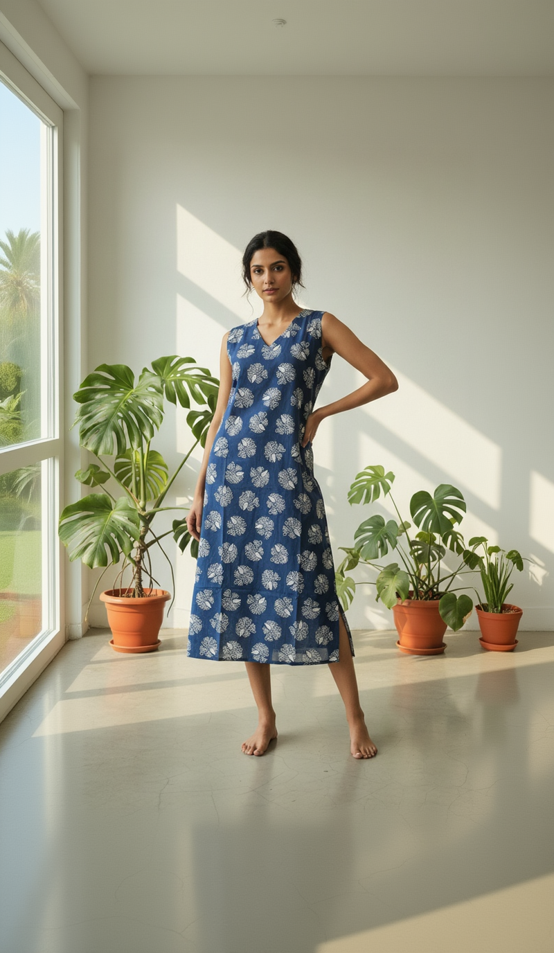 Indigo Blue Cotton Floral Midi Dress with V-Neck & Separate Sleeves