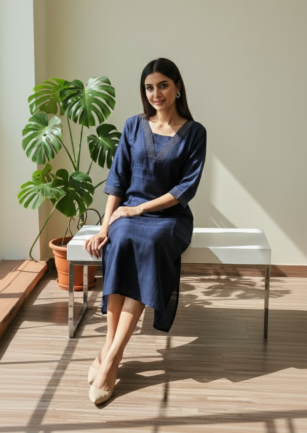 Navy Blue Silk Blend Straight Kurta with Embroidered V-Neck & 3/4 Sleeves