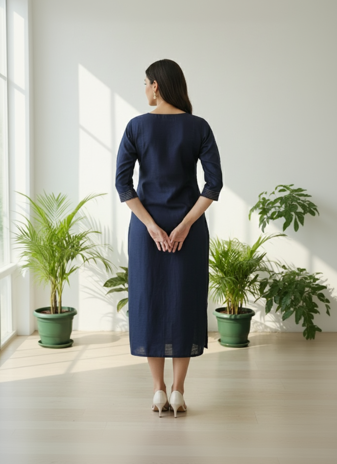 Navy Blue Silk Blend Straight Kurta with Embroidered V-Neck & 3/4 Sleeves