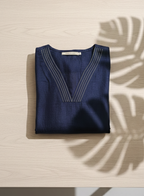 Navy Blue Silk Blend Straight Kurta with Embroidered V-Neck & 3/4 Sleeves