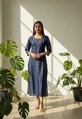 Navy Blue Silk Blend Straight Kurta with Embroidered V-Neck & 3/4 Sleeves