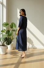 Navy Blue Silk Blend Straight Kurta with Embroidered V-Neck & 3/4 Sleeves