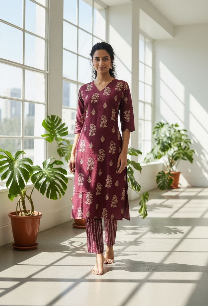 Wine Red Silk Blend Floral Kurta Set with V-Neck and Straight Pants