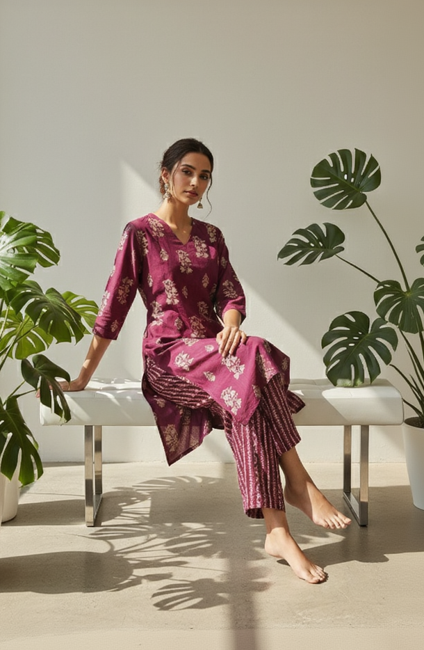 Wine Red Silk Blend Floral Kurta Set with V-Neck and Straight Pants