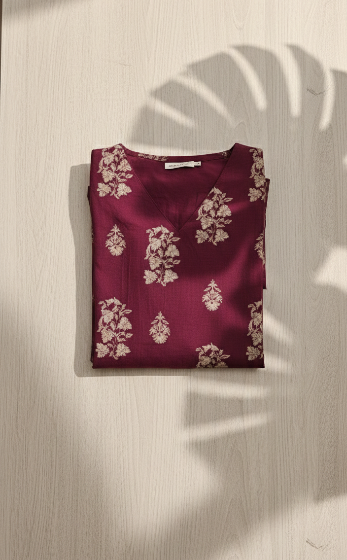 Wine Red Silk Blend Floral Kurta Set with V-Neck and Straight Pants