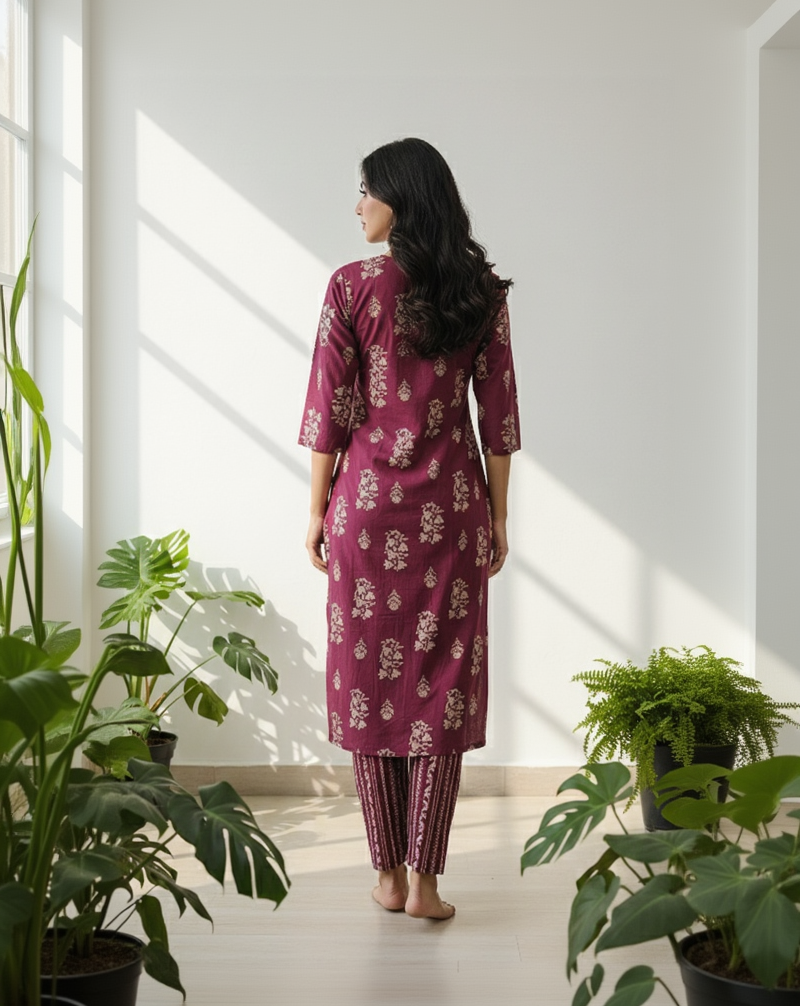 Wine Red Silk Blend Floral Kurta Set with V-Neck and Straight Pants