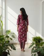 Wine Red Silk Blend Floral Kurta Set with V-Neck and Straight Pants