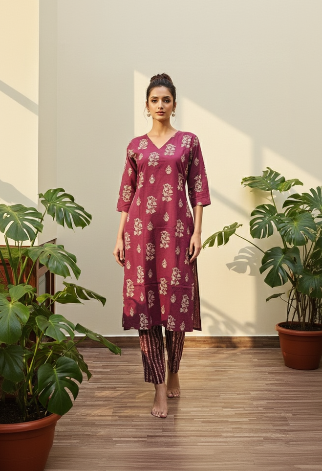 Wine Red Silk Blend Floral Kurta Set with V-Neck and Straight Pants