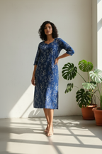 Blue Cotton Floral Kurta with Scalloped V-Neck & 3/4 Sleeves