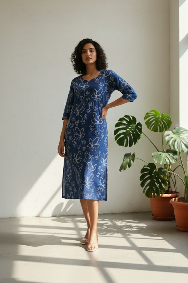 Blue Cotton Floral Kurta with Scalloped V-Neck & 3/4 Sleeves
