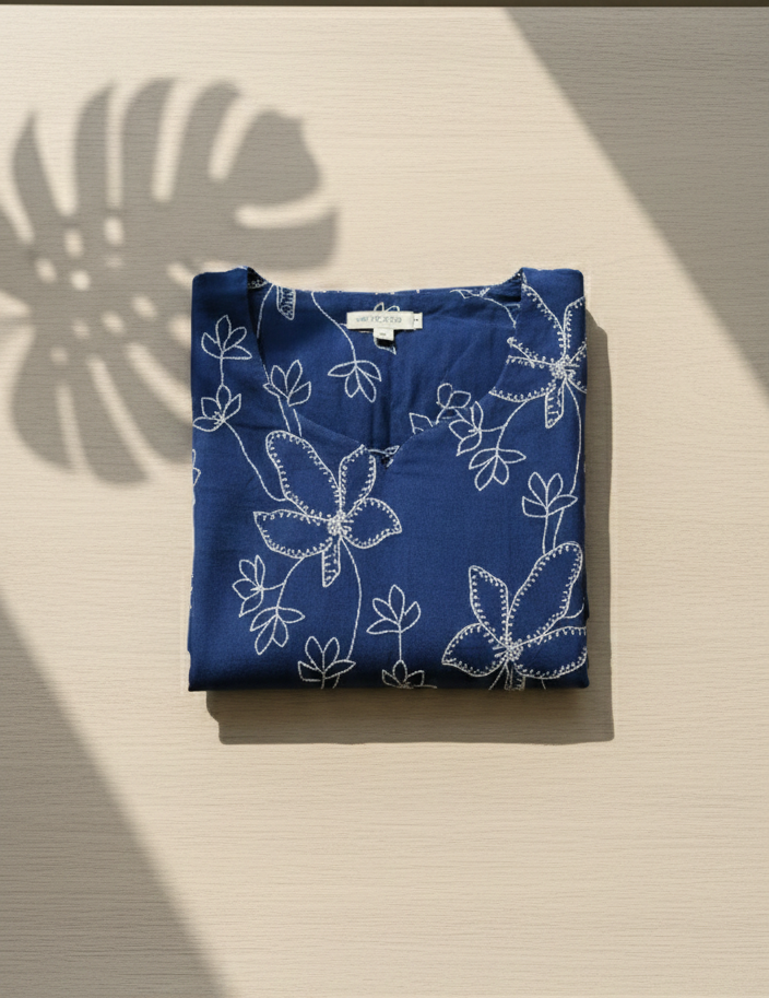 Blue Cotton Floral Kurta with Scalloped V-Neck & 3/4 Sleeves