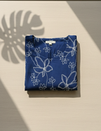 Blue Cotton Floral Kurta with Scalloped V-Neck & 3/4 Sleeves
