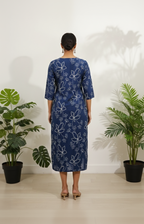 Blue Cotton Floral Kurta with Scalloped V-Neck & 3/4 Sleeves