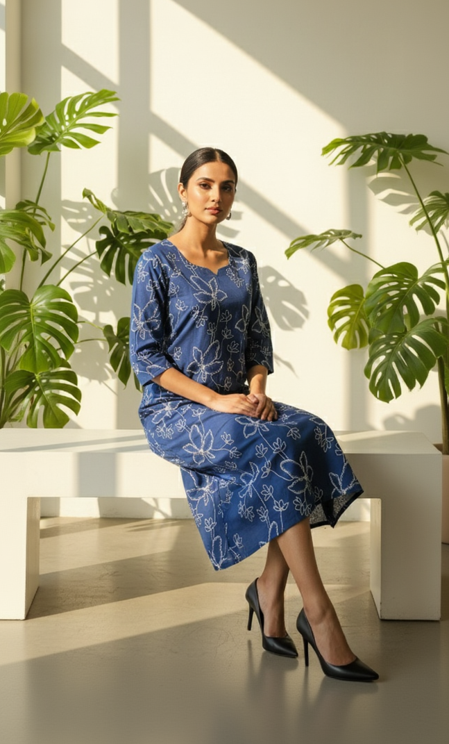 Blue Cotton Floral Kurta with Scalloped V-Neck & 3/4 Sleeves