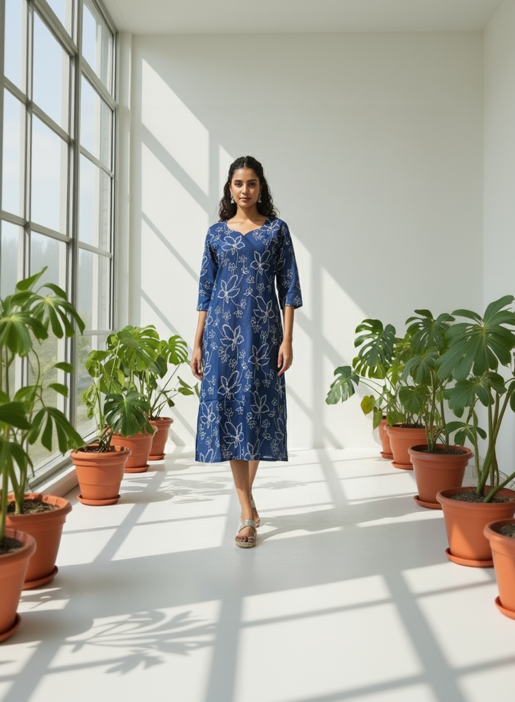 Blue Cotton Floral Kurta with Scalloped V-Neck & 3/4 Sleeves