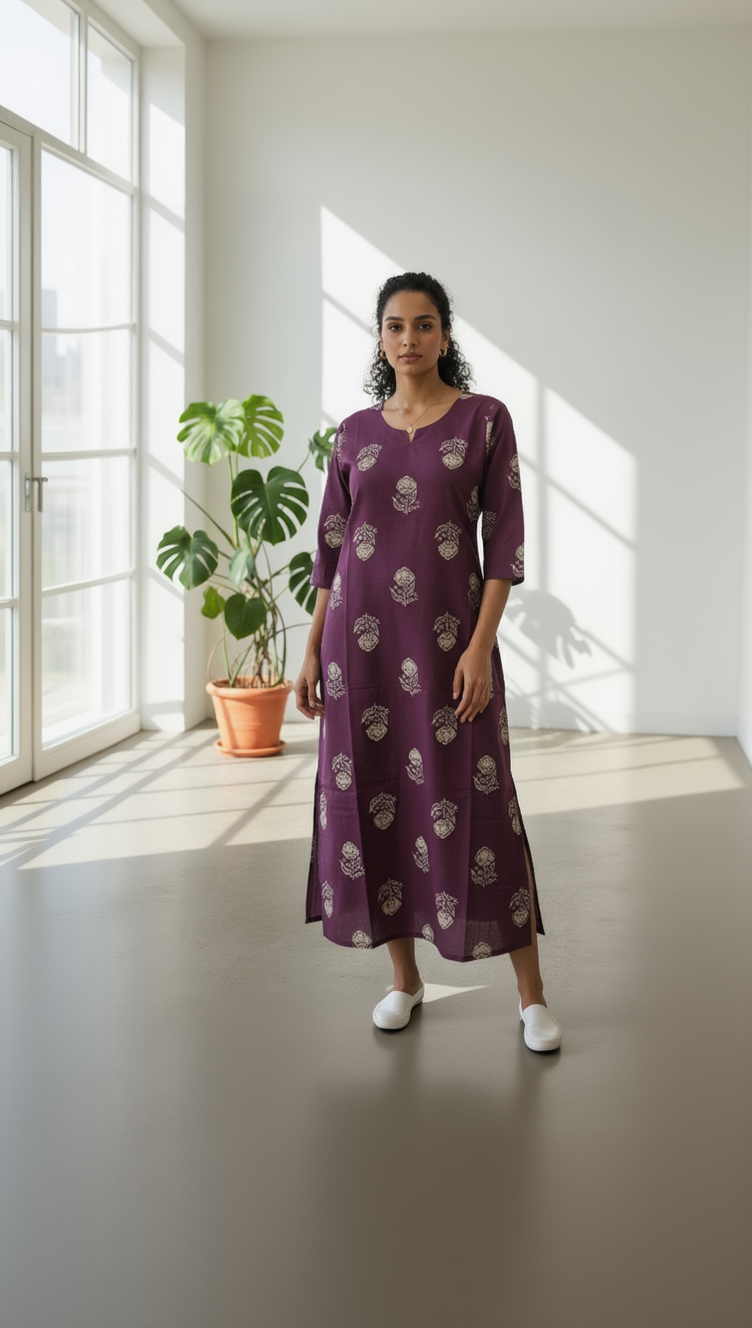 Dark Magenta Cotton Floral Kurta with Notched Round Neck & 3/4 Sleeves
