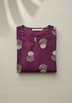 Dark Magenta Cotton Floral Kurta with Notched Round Neck & 3/4 Sleeves