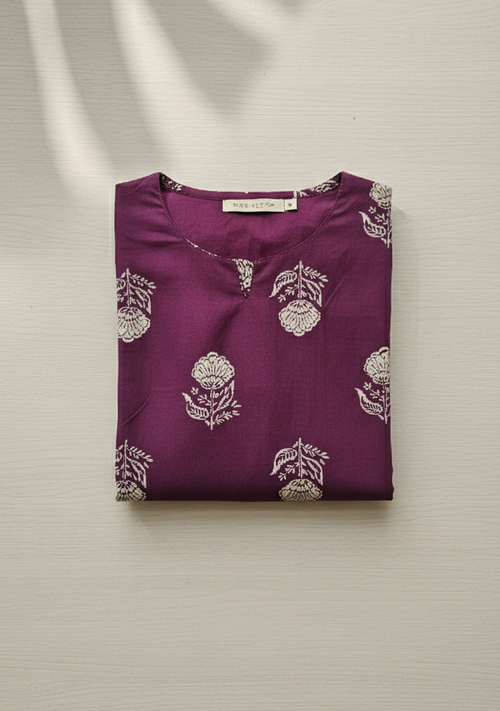 Dark Magenta Cotton Floral Kurta with Notched Round Neck & 3/4 Sleeves