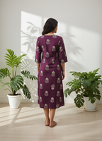 Dark Magenta Cotton Floral Kurta with Notched Round Neck & 3/4 Sleeves