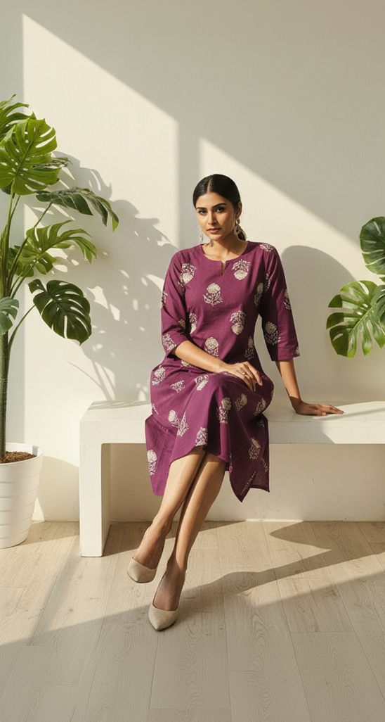 Dark Magenta Cotton Floral Kurta with Notched Round Neck & 3/4 Sleeves