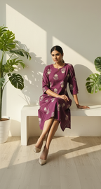 Dark Magenta Cotton Floral Kurta with Notched Round Neck & 3/4 Sleeves