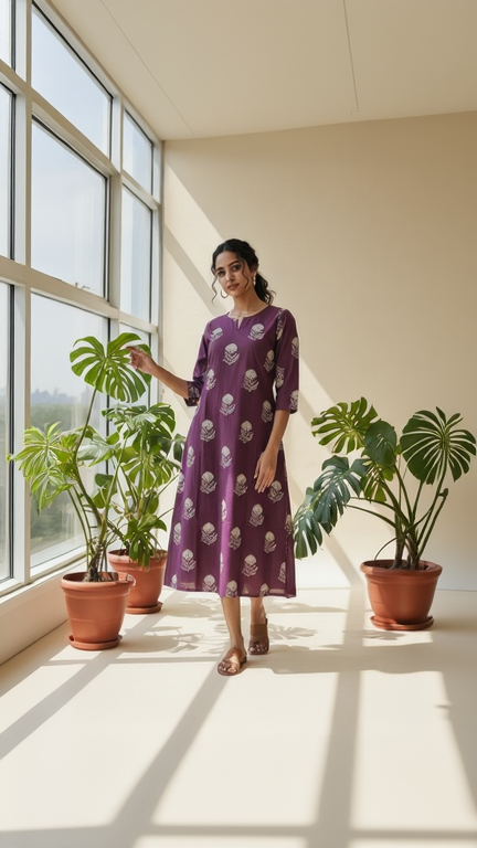 Dark Magenta Cotton Floral Kurta with Notched Round Neck & 3/4 Sleeves