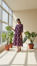 Dark Magenta Cotton Floral Kurta with Notched Round Neck & 3/4 Sleeves