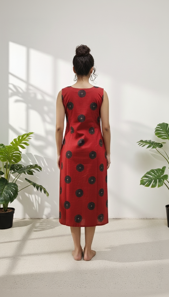 Red Cotton Mandala Print Sleeveless Midi Dress with Separate Sleeves & Round Neck