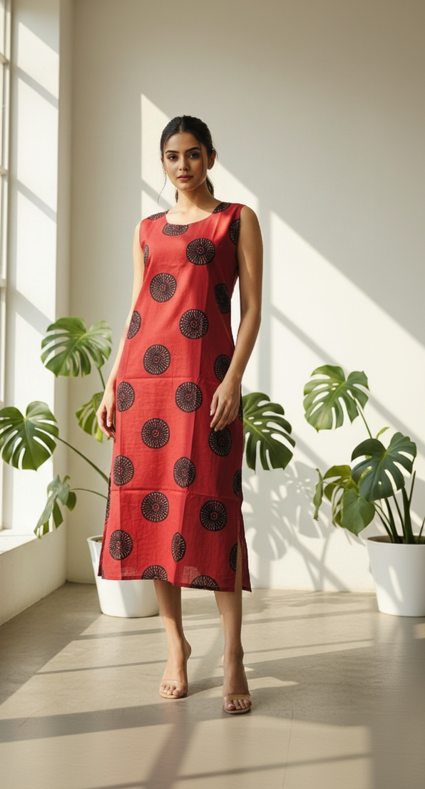 Red Cotton Mandala Print Sleeveless Midi Dress with Separate Sleeves & Round Neck