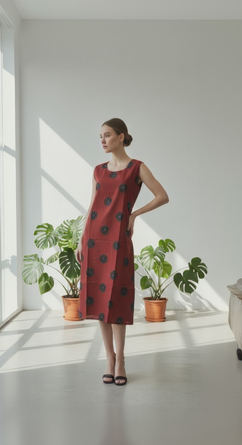 Red Cotton Mandala Print Sleeveless Midi Dress with Separate Sleeves & Round Neck