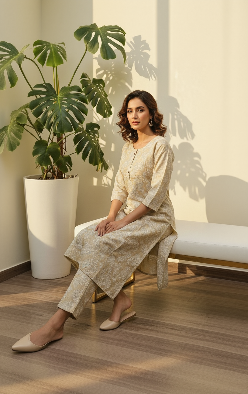 Premium Cotton Floral Vine Kurta Set with Round Neck & 3/4 Sleeves