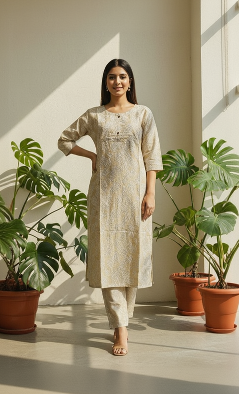 Premium Cotton Floral Vine Kurta Set with Round Neck & 3/4 Sleeves