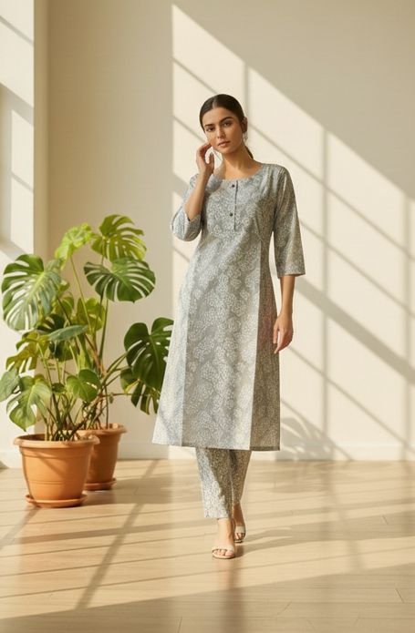 Premium Cotton Floral Vine Kurta Set with Round Neck & 3/4 Sleeves