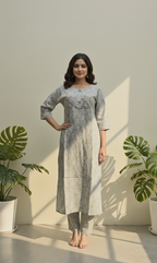 Premium Cotton Floral Vine Kurta Set with Round Neck & 3/4 Sleeves