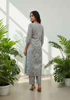 Premium Cotton Floral Vine Kurta Set with Round Neck & 3/4 Sleeves
