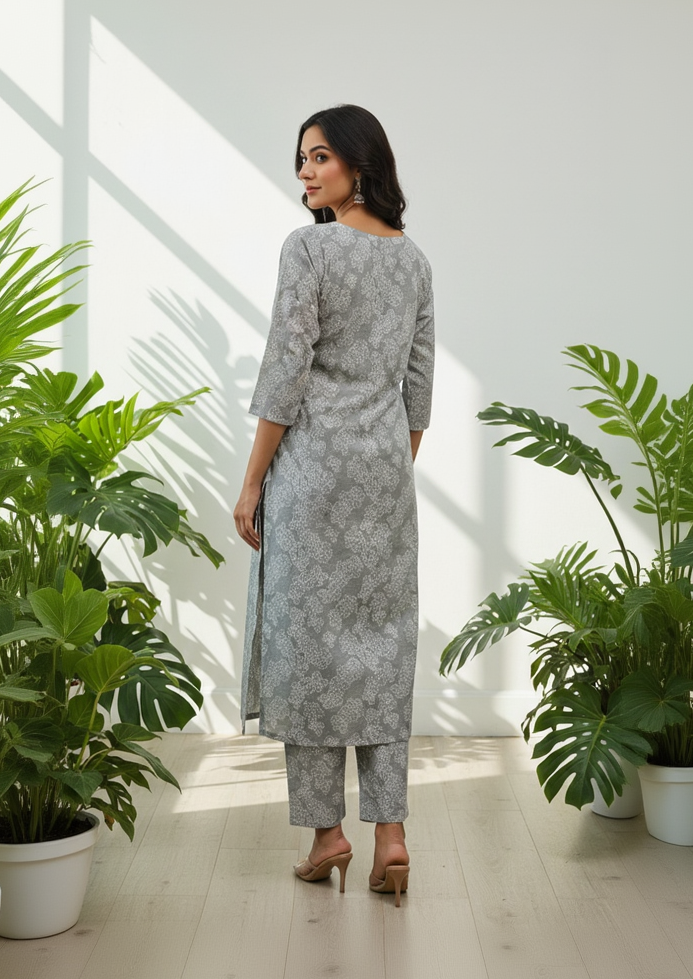 Premium Cotton Floral Vine Kurta Set with Round Neck & 3/4 Sleeves
