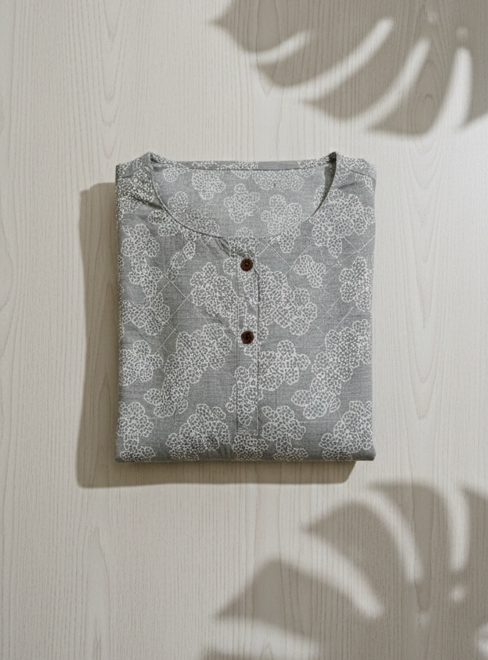 Premium Cotton Floral Vine Kurta Set with Round Neck & 3/4 Sleeves