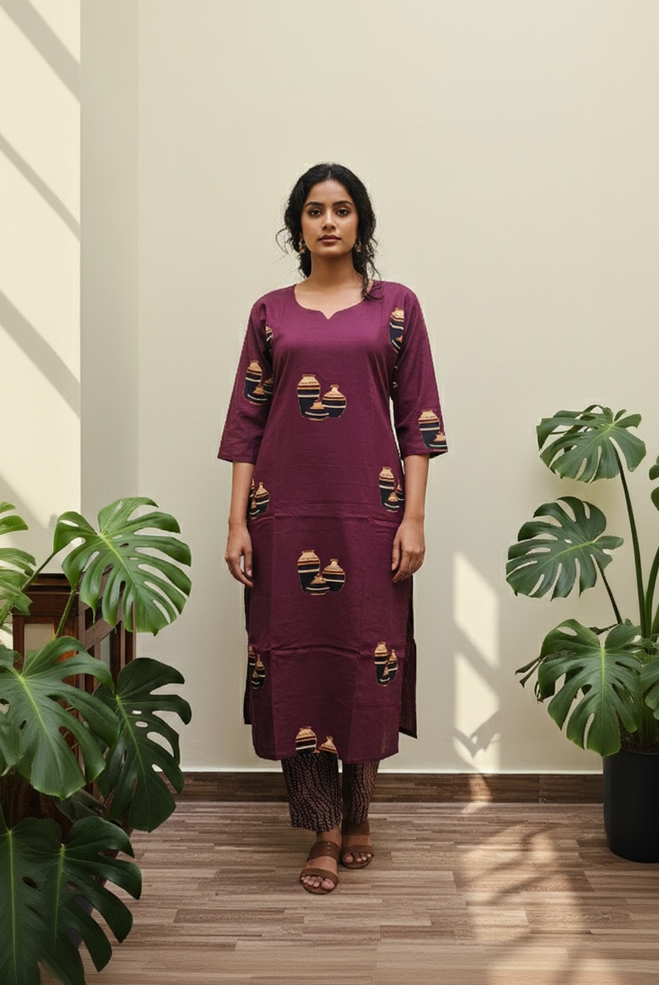 Dark Grape Red Cotton Matka Print Kurta Set with V-Neck, 3/4 Sleeves & Side Pocket